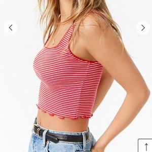 red & white stripped lettuce edge cropped tank top